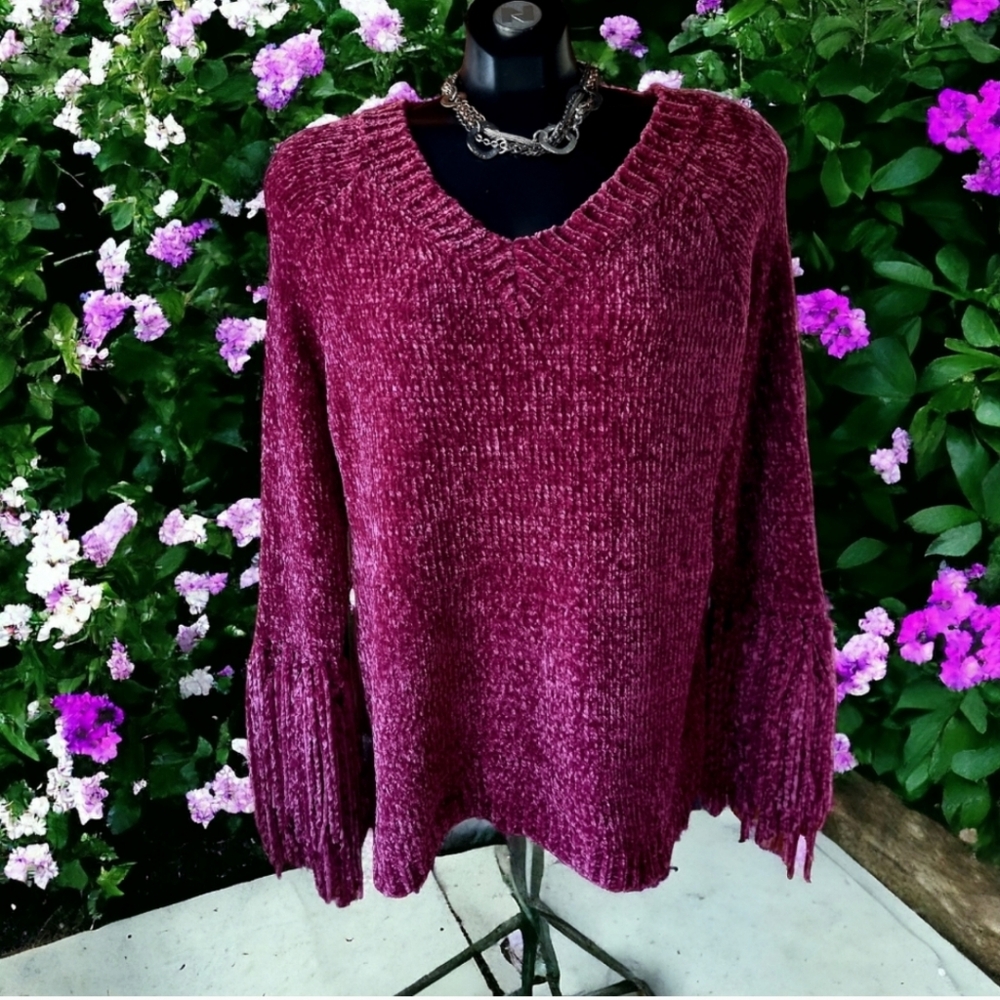 Venus Chenille Fringe Sleeve Maroon Super Soft Sweater Size XL
